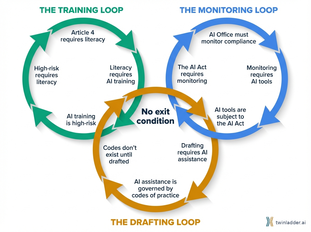 Trīs savstarpēji saistītās cilpas — Apmācība, Monitorēšana un Izstrāde — bez izejas nosacījuma