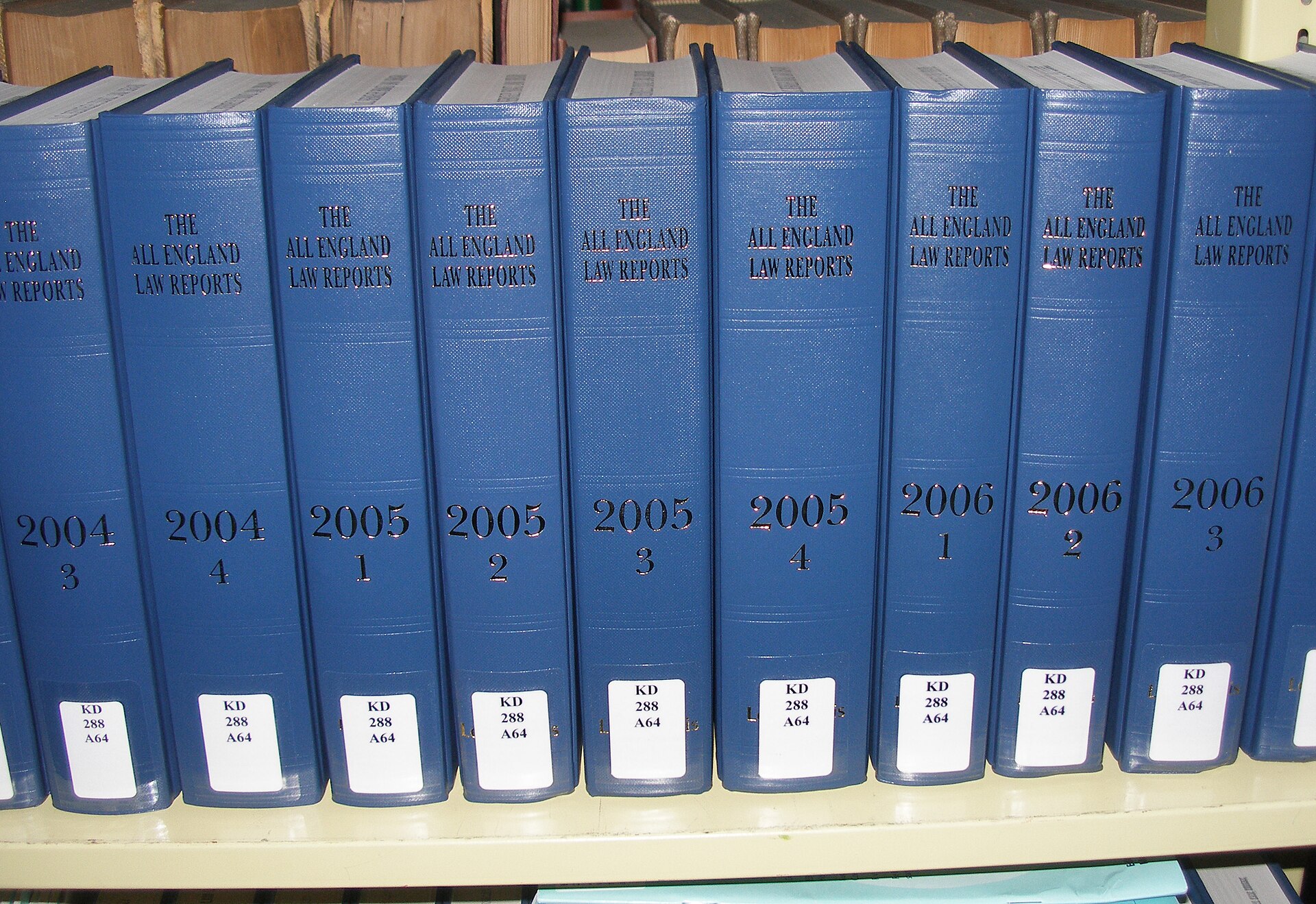 A shelf of bound volumes of the All England Law Reports, 2004 to 2006